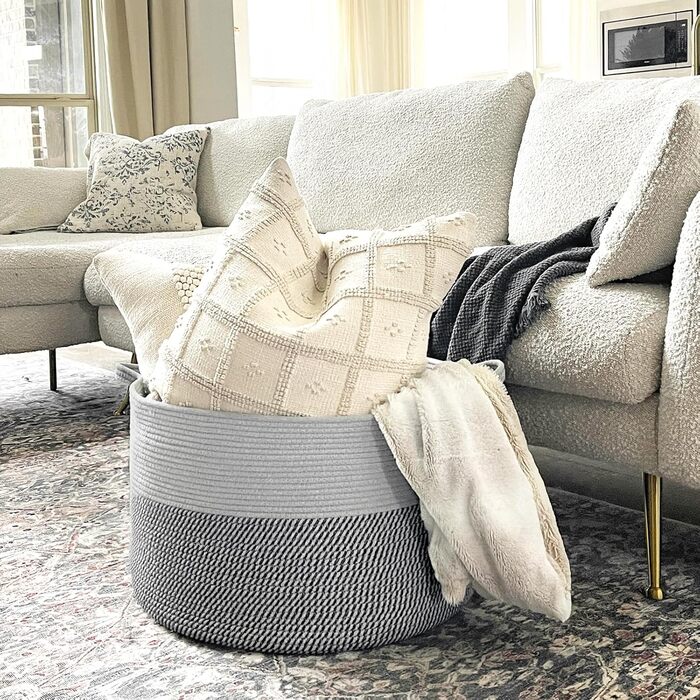 TIMEYARD XXL Large Laundry Basket, Storage Basket, Kids' Room Storage Basket, Kids' Laundry Basket, Basket for Blankets, Baby Toys, Woven Basket, 55x35cm, Grey
