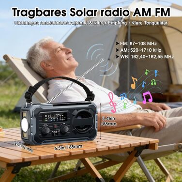 Радіо FIVAVA на сонячних батареях з ручним генератором, Powerbank 10000mAh, AM/FM, SOS-сигналізація, LED-ліхтарик для кемпінгу та надзвичайних ситуацій (Чорний)
