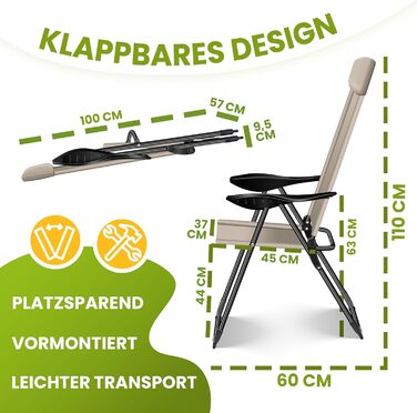 Крісла садові KESSER® 2 шт. з високою спинкою, розкладні, алюмінієві, 7 положень, з підлокітниками, дихаючі, для балкону, тераси, кемпінгу