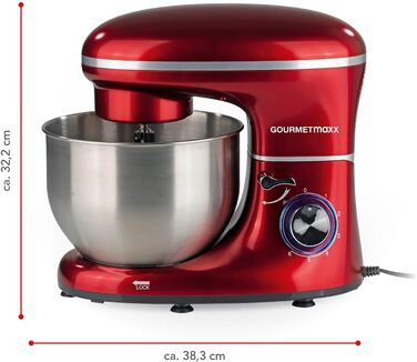 Gourmetmaxx Kitchen Machine with Kneading and Whisking Function | Powerful kitchen machine with a large 5-liter stainless steel bowl and direct drive | Includes whisk attachment, dough hook & beaters [1,500 watts] Metallic Red