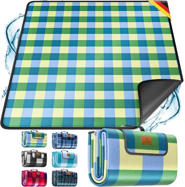 KESSER® Picnic Blanket Camping Blanket XXL 200 x 200 cm - Warm Insulated with Waterproof Bottom, Carrying Handle. Foldable Beach Blanket, Picnic Blankets for 4-6 People. Washable Picnic Blanket (Blue / Green)