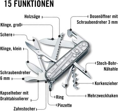 Швейцарський ніж Victorinox Huntsman: мультитул з 15 функціями, ніж, відкривачка для пляшок, консервний ніж, прозора срібляста коробка