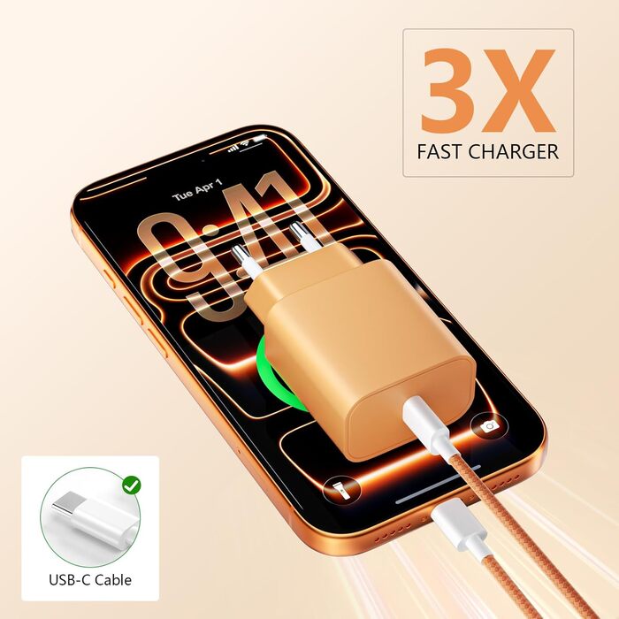 2x USB-C зарядний пристрій 20W + кабель USB-C 2м для iPhone 17/16/15, iPad Pro/Air - Помаранчевий