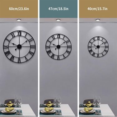 HAITANG Large Vintage Style Wall Clock, Black Round, Metal Silent Non-Ticking, Battery Powered, 40cm, 16 Inch Roman Numerals, Clocks for Living Room, Bedroom, Kitchen Wall Clock Decoration