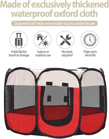 Клітка-манеж для тварин XhuangTech: собаки, коти, цуценята, 80x80x58.4 см, м'який матеріал, портативна, складна, для дому та вулиці, бежево-червона