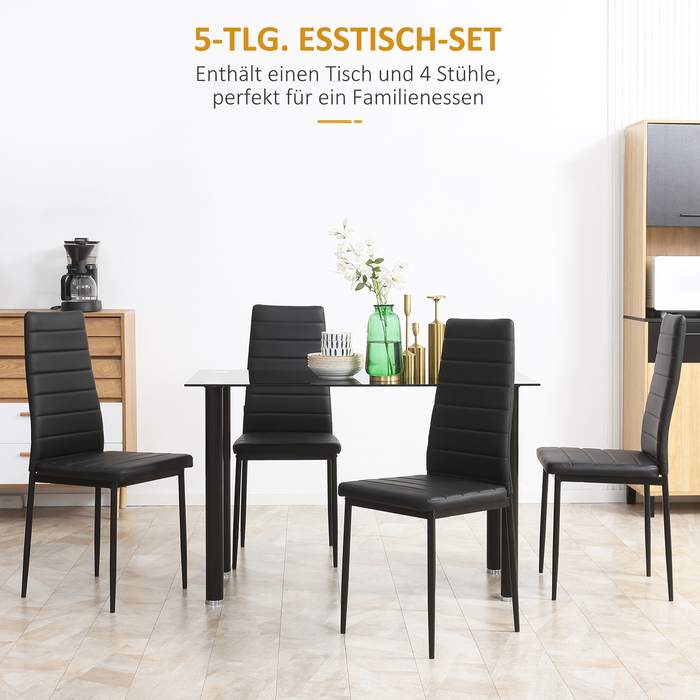HOMCOM 5-piece dining set: dining table with 4 chairs, tempered glass top, black steel, for dining room & kitchen