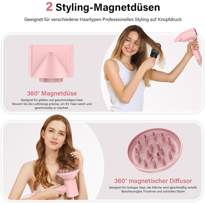 Фен з дифузором, 57dB, швидке сушіння, для подорожей та дому (рожевий)