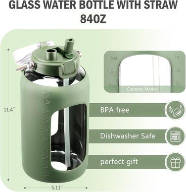 BLUEGO 2500ml Glass Drinking Bottle with Stainless Steel Handle, 2.5L Large Water Bottle with Time Markers and Silicone Sleeve, Half Gallon Water Jug BPA-Free for Sports, Daily Use, Light Green (Olive)