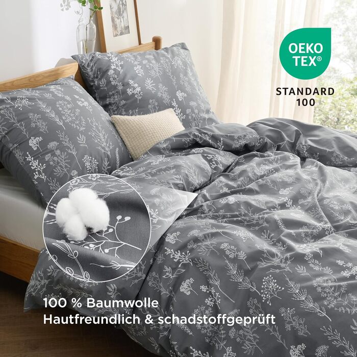 BEDSURE Комплект постільної білизни 135x200, бавовна, 4-х частинний - сірий, з крізь-застібкою, з двома наволочками 80x80 см, з малюнком гілок, сертифікат ÖKO-TEX
