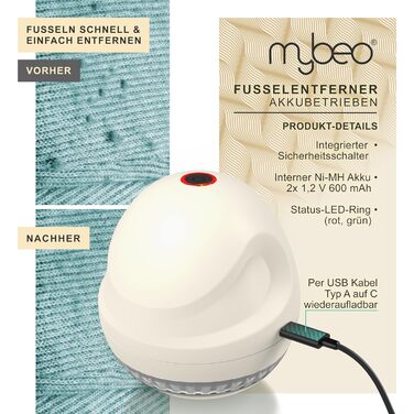 MyBeo - Електричний видалення ворсу з одягу - бездротовий прилад для видалення ворсу з тканини з USB-кабелем для зарядки - для всіх видів одягу - видаляє ковтунці - 2 змінні леза - акумуляторний (Колір: Бежевий)