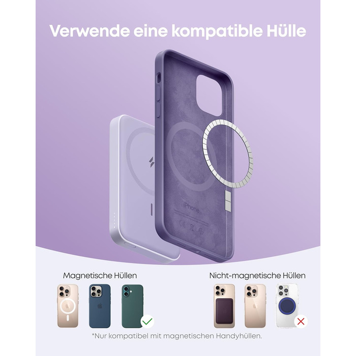 Anker MagGo Powerbank 5000mAh з магнітним з'єднанням, USB-C, для iPhone 17/16/15/14/13/12 (лавандовий)