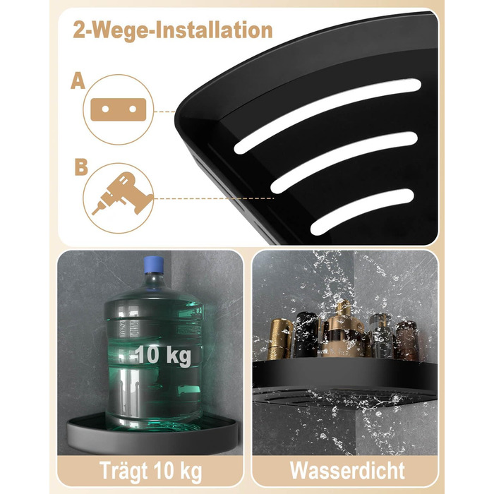 Дзеркальна поличка для душу кутова без свердління чорного кольору, 2 шт. з гачками для шампуню та мила, захист від іржі