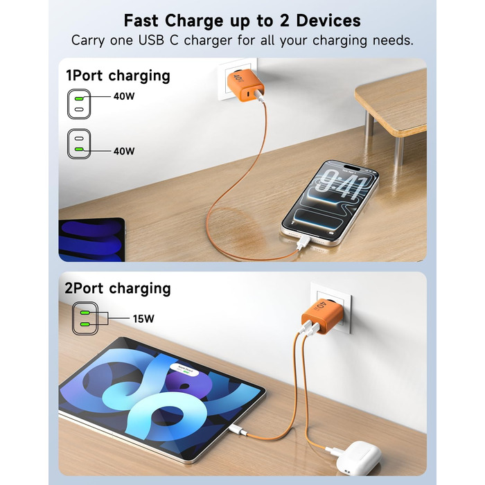 Зарядний пристрій USB-C 40W 2Port для iPhone 17 Pro Max/Pro/15 Plus, iPad Pro/Air, кабель 2м Orange