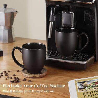 DOWAN Coffee Mug Set, 6 x 470ml Large Porcelain Coffee Mugs, Mugs with Handle, Matte Ceramic Mug for Coffee, Tea & Hot Chocolate, Black Coffee Cup Set