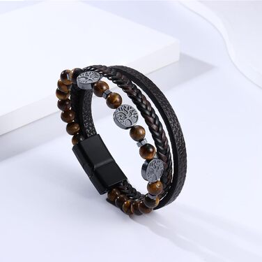 Чоловічий браслет Dochais з нержавіючої сталі та натуральної шкіри з хрестом Ісуса Христа, плетіння з натурального каменю, магнітна застібка, аксесуар для чоловіків (колір: коричневий, розмір: 19 см)