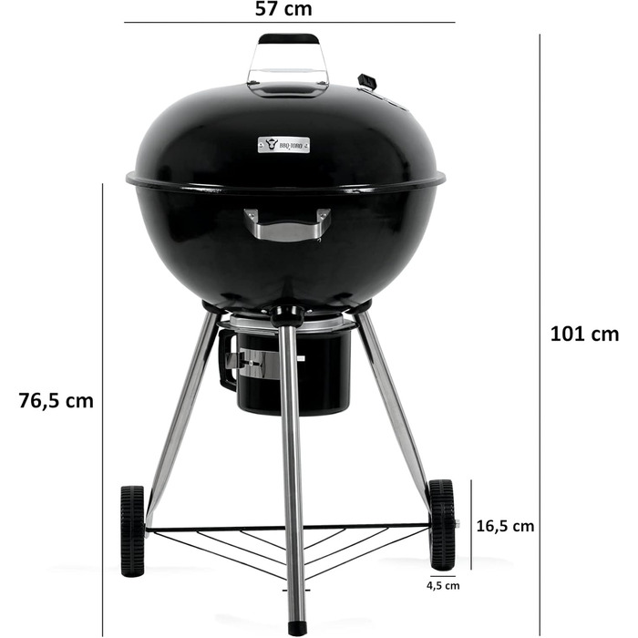 Кульовий гриль BBQ-Toro 57 см для вугілля з термометром і кришкою, круглий мангал на дровах, знімна кришка