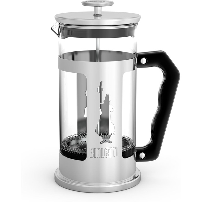 Bialetti Kaffeepresse Preziosa, French Press Filter for coffee or tea, housing made of stainless steel and container made of borosilicate glass, dishwasher safe, 1 Liter, 8 cups, Silver (350 ml (3 cups), Single)