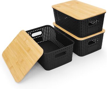 Storage Box with Bamboo Lid Small 3 Pack 5L Storage Box Bathroom Box with Lid Black Bathroom Organizer 25x18x10cm Plastic Box Kitchen Storage Boxes Baskets Containers Stackable Boxes