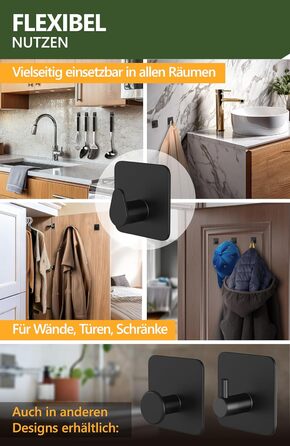 Набір тримачів для рушників 4smile (6 шт.) без свердління, з нержавіючої сталі, чорний. Клейкі гачки для ванної кімнати, міцна фіксація.