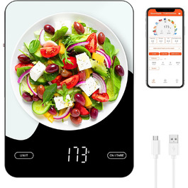 Brifit Kitchen Scale with App - 10kg/1g Digital Food Scale with Calorie Counter, LED Display, Tare Function, USB Rechargeable