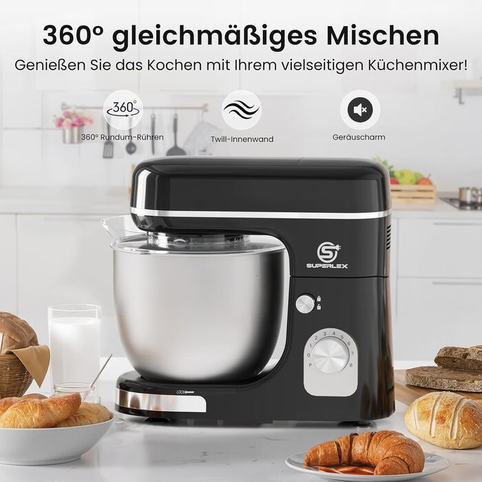 Кухонна машина SUPERLEX 3-в-1: міксер, тістоміс, блендер. 1300W, 5л чаша з нержавіючої сталі, 8 швидкостей, з набором насадок (крюк, вінчик, вінчик для збивання), захист від бризок. Для приготування тіста, випічки та десертів.