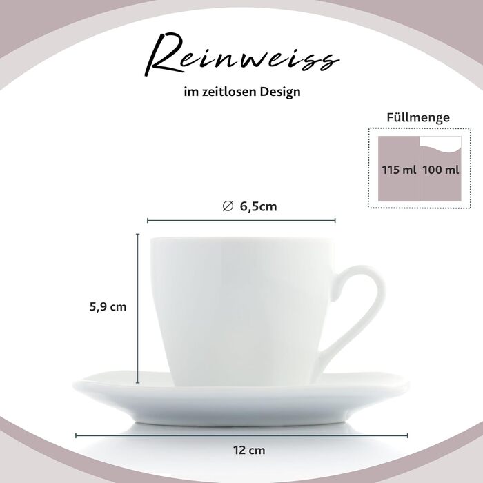 Singer | Espresso Cups Bilgola 12-Piece Set, Porcelain Coffee Cups Set for 6 People, Dishwasher-Safe Cups with Saucers, Moka Cups Set Cups & Saucers White | 100 ml | PREMIUM COLLECTION Espresso Cups 12-Piece Set