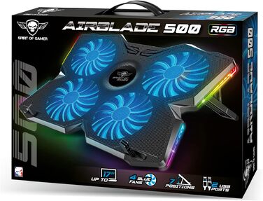 Охолоджувач для ноутбука Spirit of Gamer AIRBLADE 500 (10-17 дюймів), 4 тихі вентилятори, RGB підсвічування, сумісний з PC, PS5, PS4, Xbox