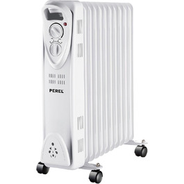 Масляний радіатор Perel 2500W з 11 ребрами, 3 режими, термостат, колеса, захист від перегріву та перекидання, тихий та енергоефективний для великих приміщень до 30 м²