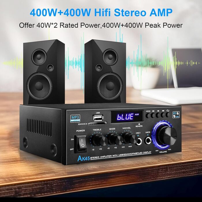 KKMOL AK45 Міні Hi-Fi стерео підсилювач Bluetooth, 400 Вт, 2-канальний, цифровий аудіо підсилювач з USB, SD, радіо, пультом, 12V/220V