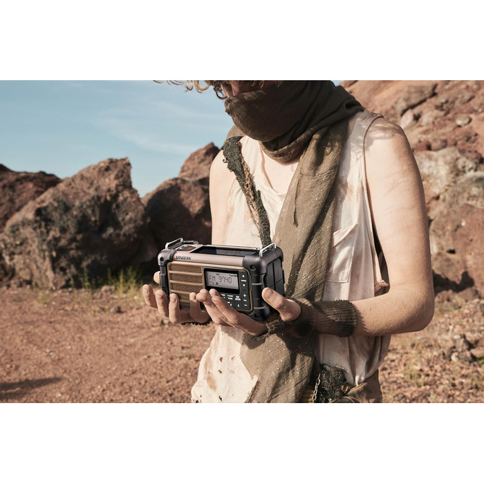 Радіо Sangean MMR-99: Багатофункціональне аварійне радіо з ручкою, FM/RDS, Bluetooth, LED-ліхтариком та IP55, для відпочинку на природі, кемпінгу та надзвичайних ситуацій, Desert Tan