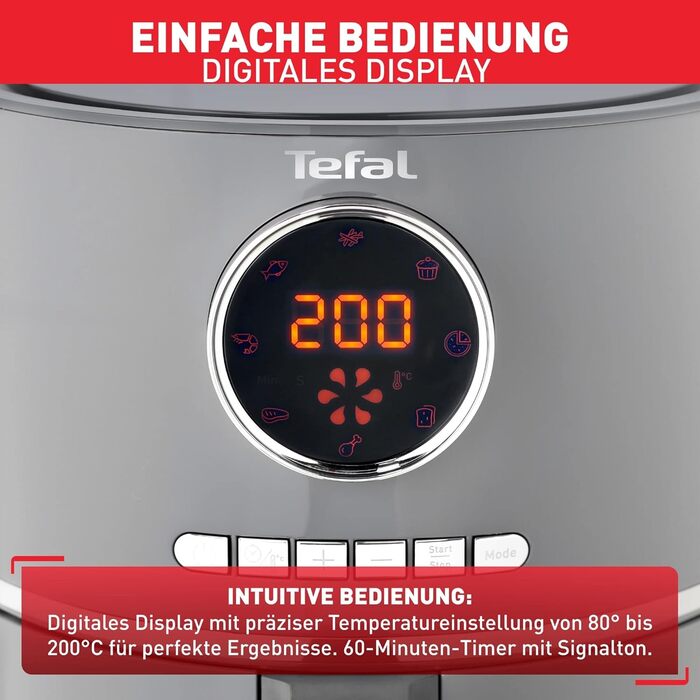 Tefal EY111B Ultra Fry Hot Air Fryer, Air Fryer, Frying, Roasting, Grilling, Baking, 1.2 kg for 6 people, 8 cooking programs, Digital display, energy-saving, healthy fryer without oil, Grey