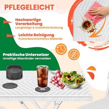 КЕССЕР® Балконний столик розкладний | Стійкий до погодних умов/УФ-стійкий | Балконні меблі з покриттям зі сталі та ротангу | Садовий стіл для вулиці | Меблі для саду з 6 фетровими підставками | Бістро-стіл витримує до 100 кг | Ротанг, білий