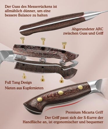 HEZHEN ніж кухарський 21 см дамаст 67 шарів, професійний ніж для кухні з дерев'яною піхвою, full tang ручка з Micarta