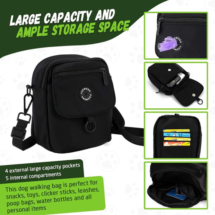 Водонепроникна сумка для ласощів для собак COOWONE, велика місткість, для прогулянок, компактна та легка, з дозатором пакетів для екскрементів, сумка через плече для дресирування собак, чорна