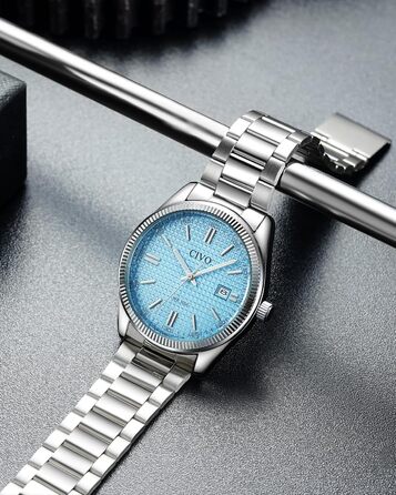 Чоловічий годинник CIVO з нержавіючої сталі: аналоговий годинник для бізнесу з датою, що світиться - водонепроникний для роботи та відпочинку. Стильний подарунок для чоловіків (сріблястий, синій)