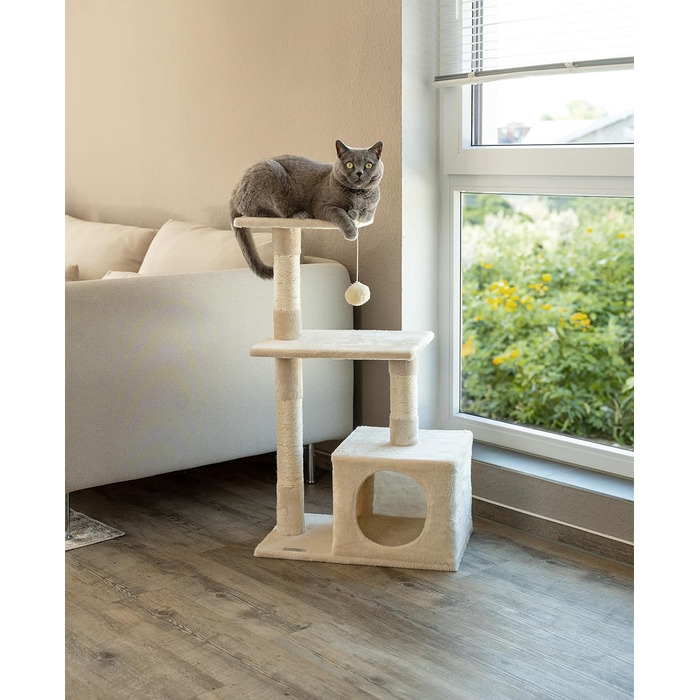 Lionto Scratching Post for Cats with Cave and Plush Ball incl. Bell, Height 85 cm, Cat Tree with Sisal & Plush, Cozy Resting Areas & Cave, Suitable for Small & Large Cats, Beige