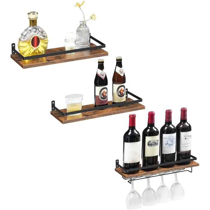 HOOBRO Wall Mounted Wine Racks 3-Piece Set, Wine Racks, Hanging Floating Wall Shelves, Wine Glass & Bottle Holders, Stemware Holders, for Living Room, Dining Room, Kitchen, Vintage Brown and Black EBF34BJ01