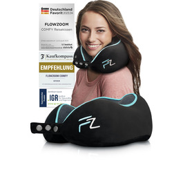 Подушка для шиї FLOWZOOM Dream Pro з додатковою бічною підтримкою та регульованим кріпленням на липучці - подушка для подорожей у літак з піною з пам'яті - з чохлом та подарунковою упаковкою - Чорний