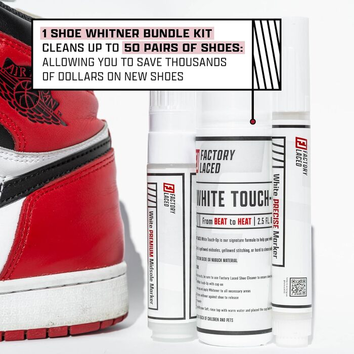FACTORY LACED Sneaker Cleaner White Set including White Touch-Up Pen, Premium Midsole Marker, and Precise White Marker – Safe on Leather, Fabric, Nylon and more