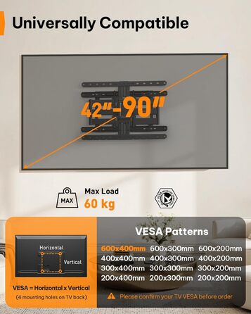 Настінне кріплення для телевізора Perlegear ультратонке, 42-90 дюймів, поворотне, VESA 600x400, до 60 кг