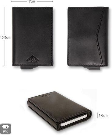 Гаманець чоловічий RFID Stealth Wallet з алюмінієвим каркасом та шкірою (чорний) - захист від сканування карт, мінімалістичний, з подарунковою коробкою