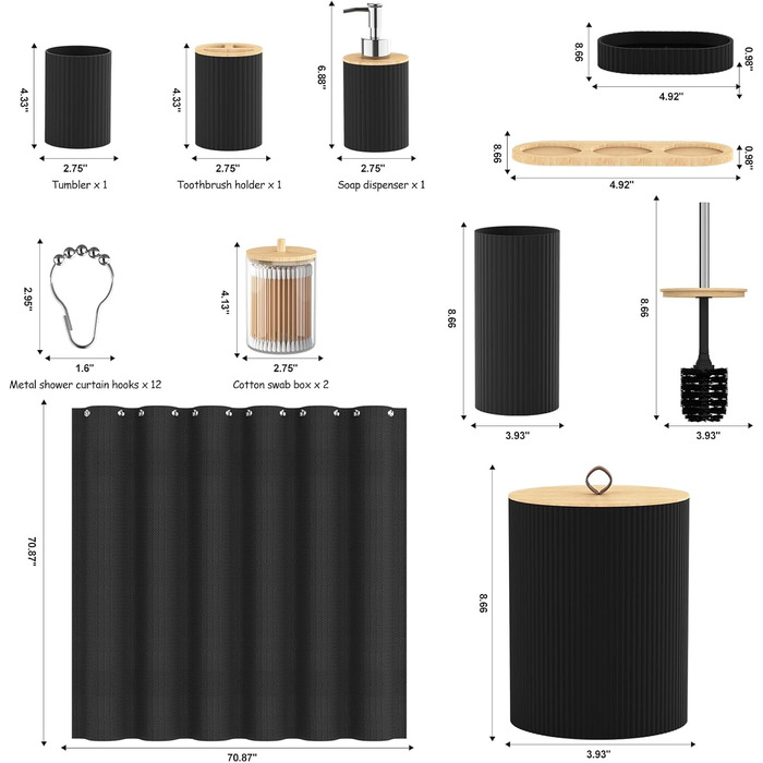 Набір аксесуарів для ванної кімнати PLIOW – 22 предмети, чорний колір. Включає: душовий завіс, відро для сміття, тримач для унітазної щітки, дозатор мила. Стильний та функціональний декор для дому. Повний комплект.