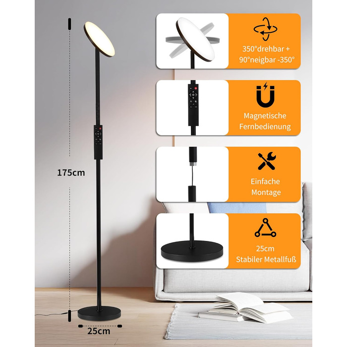 Стійка лампа LuminexDesigns з полицею, 36W+7W LED, диммування, 3200LM+600LM, сучасний дизайн, для вітальні та як настінний світильник, з пультом керування, 2700K-6500K, чорний колір