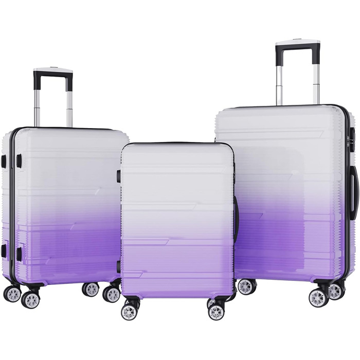 Набір валіз 3 шт., валіза з жорстким корпусом, ручна валіза, набір валіз з полікарбонату, легка та міцна, з обертовими колесами на 360° та замком TSA (перехідний колір фіолетовий)