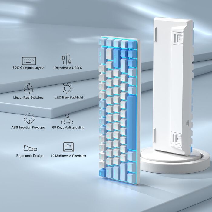 Механічна ігрова клавіатура MageGee MK-Box 68 клавіш, TKL, з LED-підсвічуванням, з червоним перемикачем, для Windows, Laptop, Mac, сіра (небоблакитний/червоний перемикач)