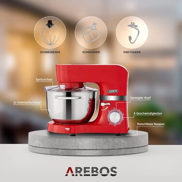 Кухонна машина Arebos 1500W з двома чашами з нержавіючої сталі 4.5 та 5.5L, 6 швидкостей | Міксер з набором насадок (крюк для тіста, міксер, вінчик) та захистом від бризок