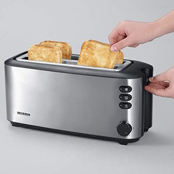 SEVERIN Automatic Long-Slot Toaster, Toaster with Roll Holder, high-quality stainless steel toaster with large toasting chambers and 1400 W power, brushed stainless steel/black, AT 2509