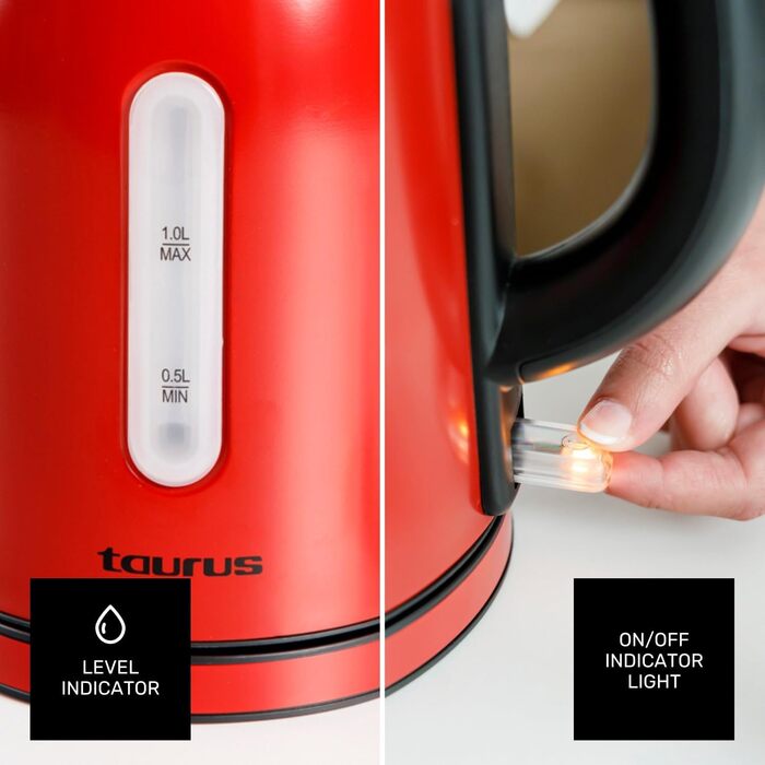 Електричний чайник Taurus Vintage Compact Red 2400W, 1л, 360° обертання, автоматичне відключення, LED-дисплей, без BPA, нержавіюча сталь, індикатор рівня води, ретро-дизайн, червоний