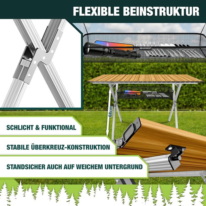 Складний кемпінговий стіл KESSER® 120x70 см з алюмінієвим каркасом та стільницею під дерево, до 100 кг, з сумкою для транспортування