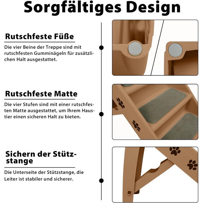 Сходинки для тварин Froadp: 4 сходинки, складані, для собак та котів, 60 см, з неслизькими сходинками, PP-пластик (колір: коричневий)